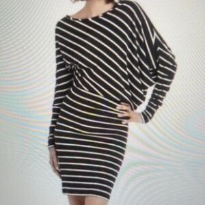 BCBGMAXAZRIA HILDA SIDE DRAPE TUNIC DRESS BLACK/WHITE SIZE EXTRA SMALL
